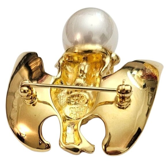 Ann Hand Vermeil Sterling Eagle Brooch, Faux Pearl Pin, Signed - Picture 4 of 11